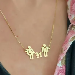 Colar Pai Mãe Dois Filhos em Banho de Ouro 18k