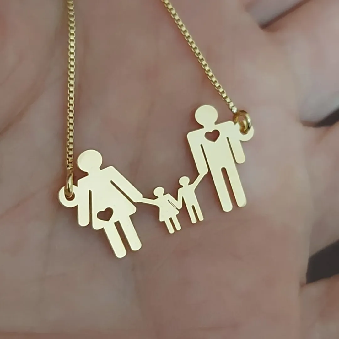 Colar Pai Mãe Dois Filhos em Banho de Ouro 18k